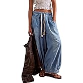 D-Sun Women Casual Wide Leg Jeans Pull On Drawstring Loose Barrel Jeans Baggy Elastic Waist Fashion Boyfriend Denim Pants