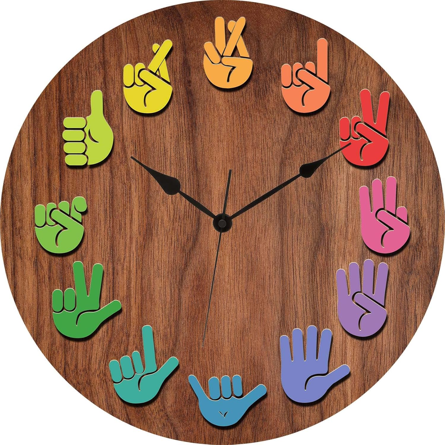 Silent Large Wall Clock 14 Inch Wooden Texture Gesture Unique Cute Decor for Vintage Farmhouse Kitchen Living Room Bedroom Office