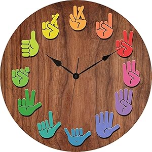 Silent Large Wall Clock 14 Inch Wooden Texture Gesture Unique Cute Decor for Vintage Farmhouse Kitchen Living Room Bedroom Office