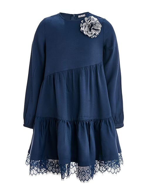 Gulliver Mädchen Kleid | Farbe Dunkel Blau | Langarm |mit Blume | Locker | Viskose | für 8-13 Jahre