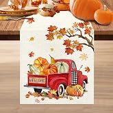 Bonsai Tree Fall Table Runner 72, Fall Runner for Table, Dining, Kitchen | Autumn Runners for Tables, Autumn Red Truck Decorations for Kitchen, Dining, Leaves Home Decor