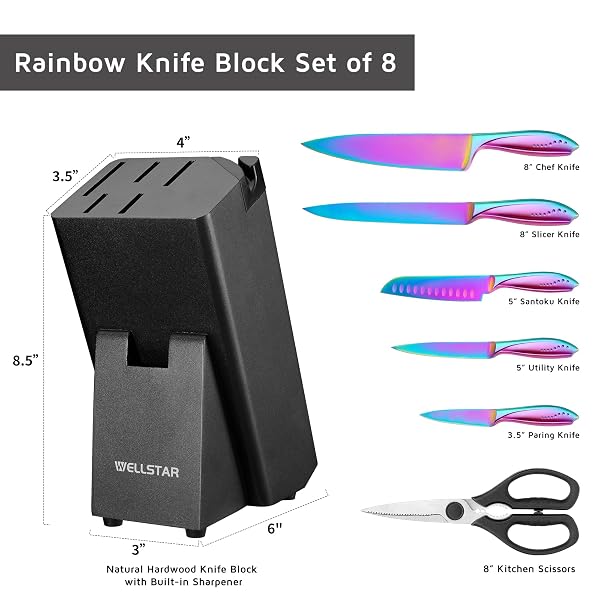 WELLSTAR RAINBOW KNIFE SET 8 PIECES, IRIDESCENT GERMAN STAINLESS STEEL KITCHEN KNIVES SET WITH WOODEN BLOCK, COLORFUL TITANIUM COATING, CHEF’S KNIFE BLOCK SET WITH SCISSORS AND BUILT-IN SHARPENER