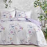 WONGS BEDDING 3 Pieces Quilt Set King Size, Purple Floral Botanical Plants Pattern Bedspread Coverlet Set with 2 Pillowcases, Soft Lightweight Microfiber Bedding Set for All Season(104"×90")