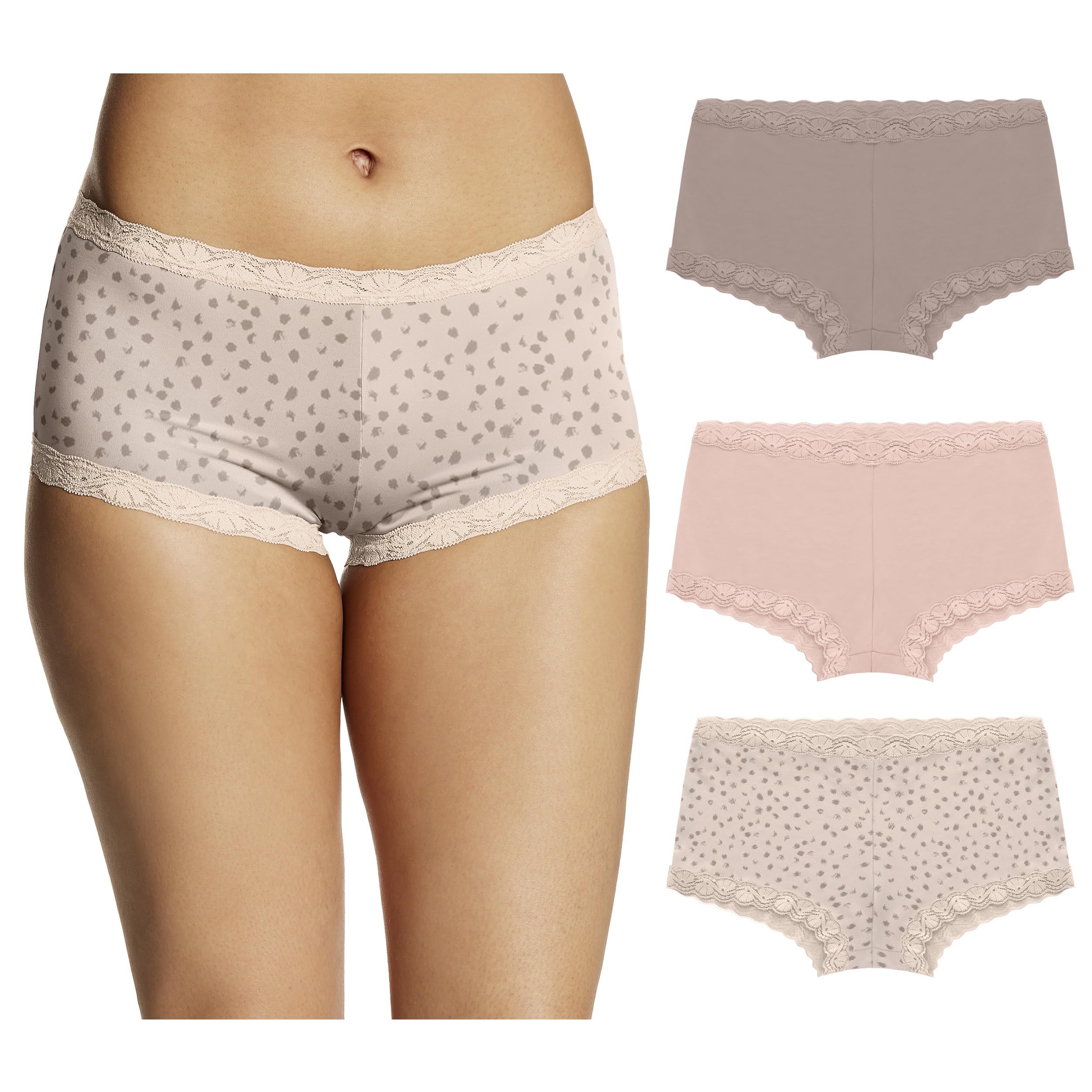 Photo 1 of Maidenform Women's Underwear, Microfiber with Lace Boyshort Panties, One Fab Fit, 3-Pack, Evening Blush/Sandshell Dot Print/Sandshell
