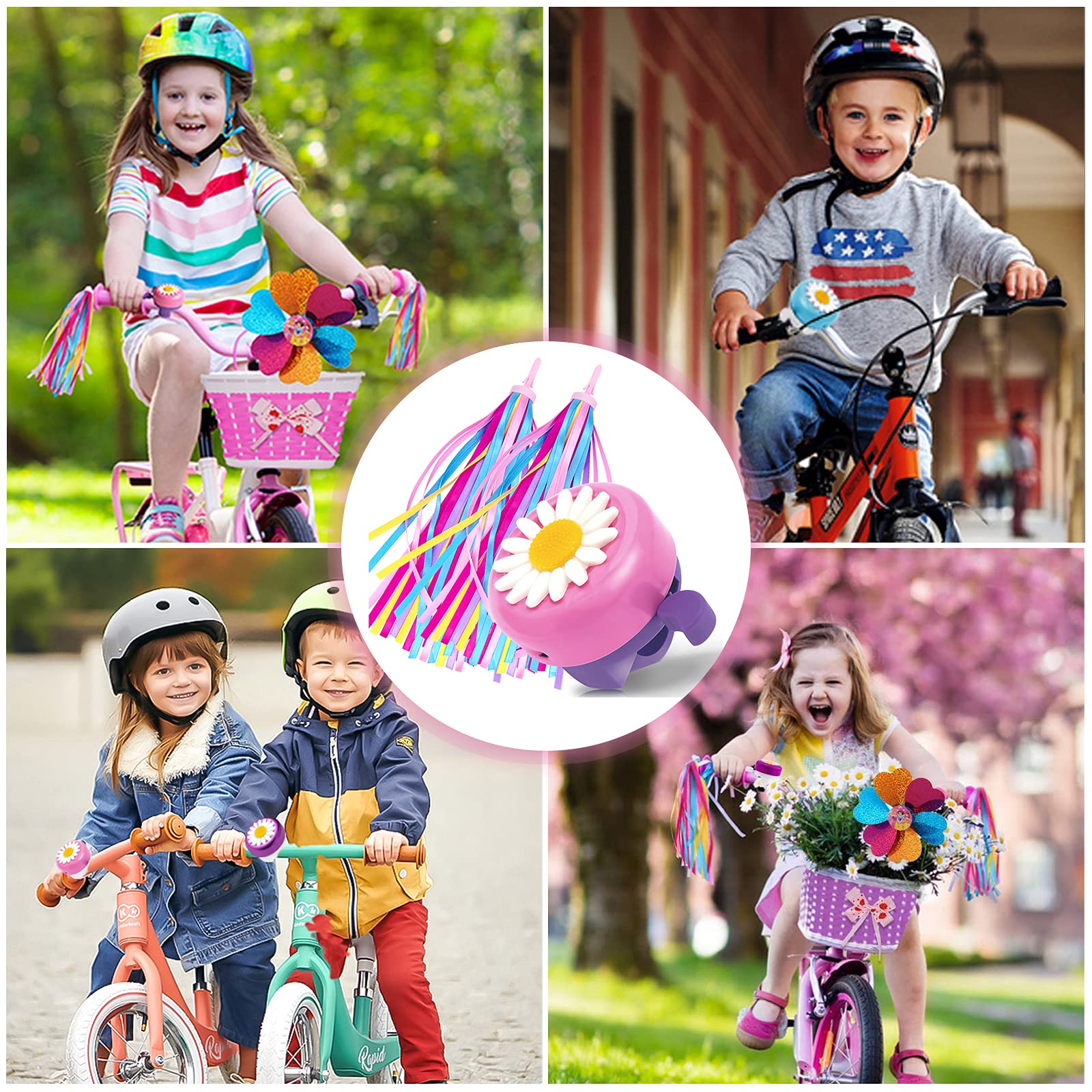 kortes 1 Pack Kids Bike Bell and 2 Pack Kids Bike Streamers for Children's Bike Accessories (Pink, Red,& Blue)