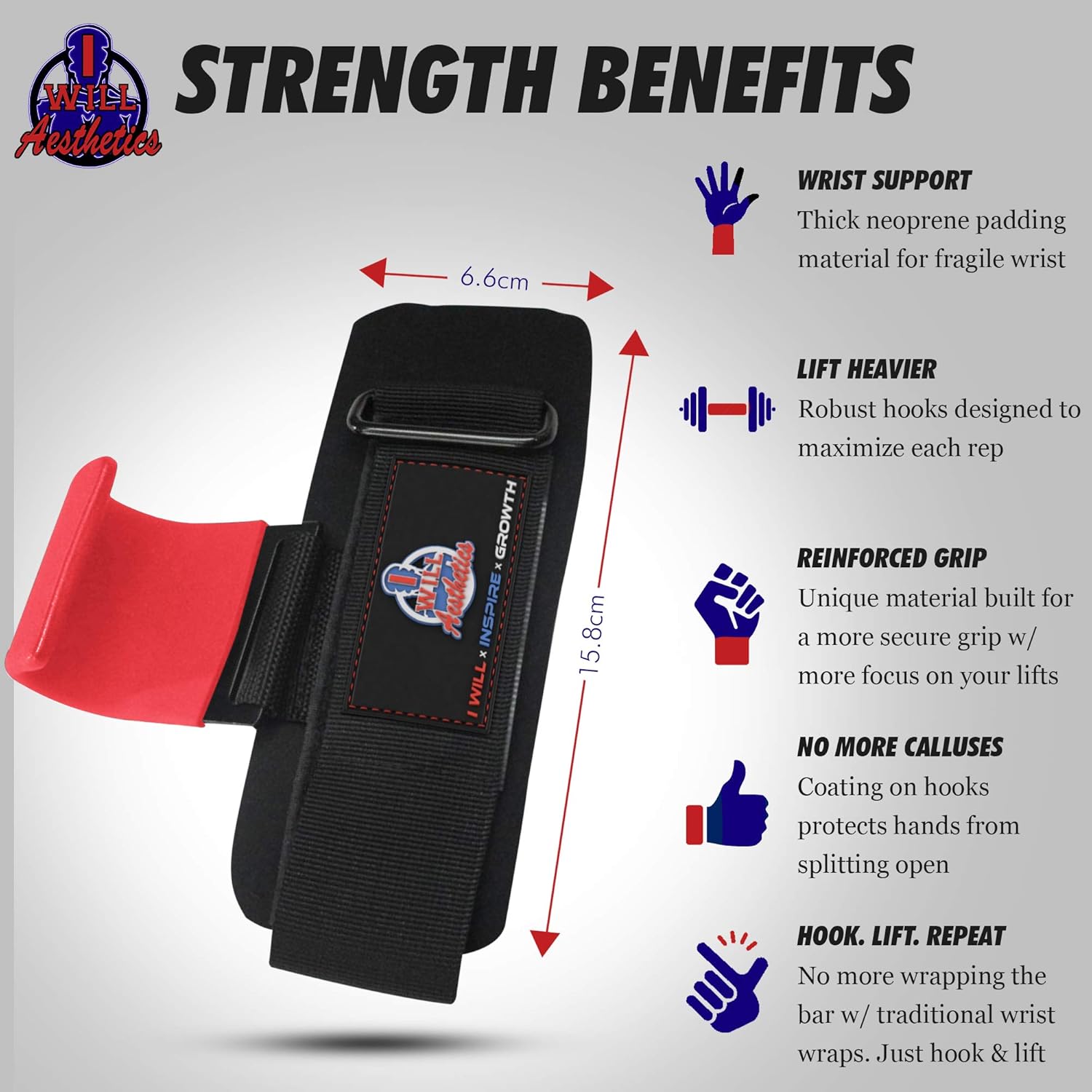 I WILL AESTHETICS Weight Lifting Hooks for Men & Women - Lifting Hooks for Weight Lifting - Deadlift Grips with Hooks - Weight Grips & Deadlift Straps (RED) : Sports & Outdoors