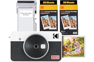 KODAK Mini Shot 2 Retro 4PASS 2-in-1 Instant Digital Camera and Photo Printer (2.1x3.4 inches) Initial 8 Sheets + 60 Sheets Bundle, White