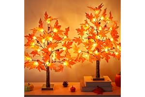 JO.DEVIVRE 2 Pack 24 Inch Prelit Fall Maple Tree Decorations with 48 LED Battery Operated Tabletop Lighted Acorn Pumpkin Artificial Maple Tree for Fall Decor Thanksgiving Decorations Indoor Home Harvest Decor