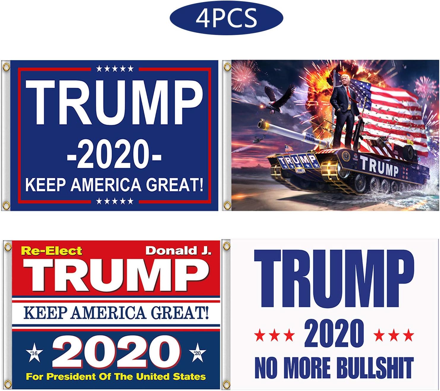 Kithwaro 4 Pieces Donald Trump 2020 Flags, President Donald Trump Tank Flag 2020 Keep America Great Flag with Grommets for US Election Patriotic Outdoor Indoor Decoration Banner, 3x5 Feet : Garden & Outdoor