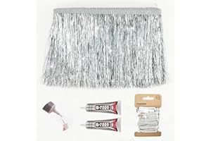 Yhsheen Silver Tinsel Fringe Trim,5Yards X 5.9 Inch Metallic Fringe Trim with B7000 Glue for Karma Jacket Costume Crafts Sparkly foil Wedding Birthday Party Decoration