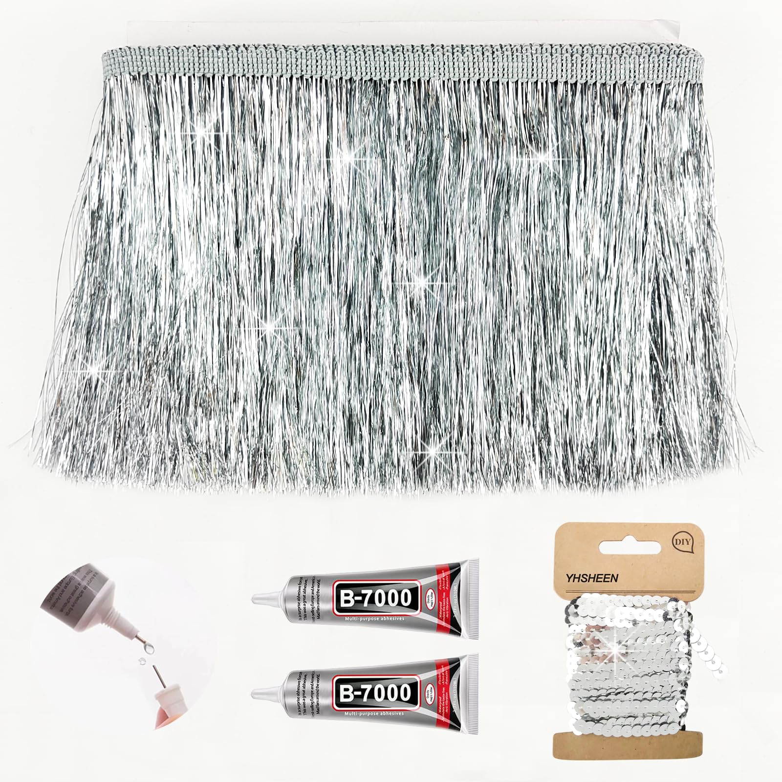 Photo 1 of Yhsheen Silver Tinsel Fringe Trim,5Yards X 5.9 Inch Metallic Fringe Trim with B7000 Glue for Karma Jacket Costume Crafts Sparkly foil Wedding Birthday Party Decoration