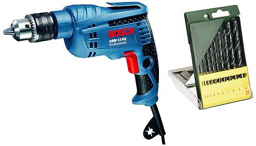 Bosch GBM 13 RE Professional Rotary Drill (600 watts, 13mm) with Bosch HSS-R Metal Drill Bit Set (10-Piece)