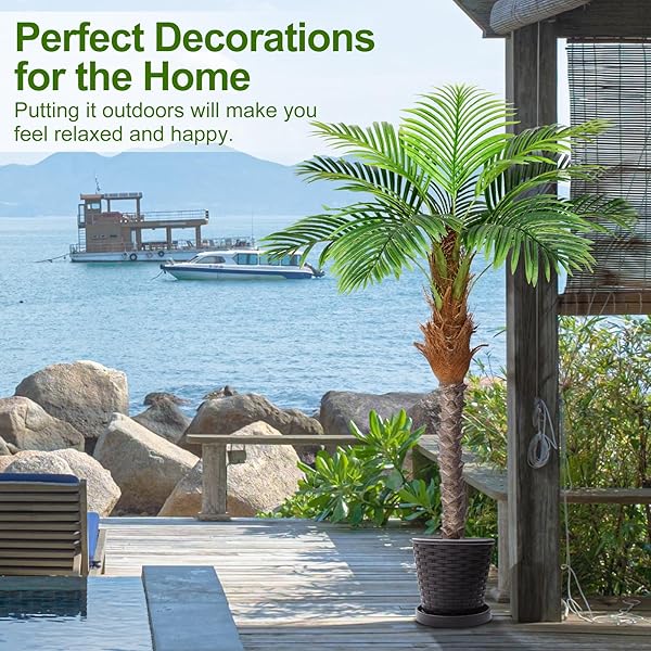 KEEPLUSH 5FT ARTIFICIAL PHOENIX PALM TREE FOR OUTDOOR INDOOR DECOR, FAUX COCONUT SILK PALM TREE TROPICAL FAKE TREE PLANT FOR OUTSIDE PATIO INDOOR HOME OFFICE BATHROOM POOL COASTAL DECOR (SET OF 2)