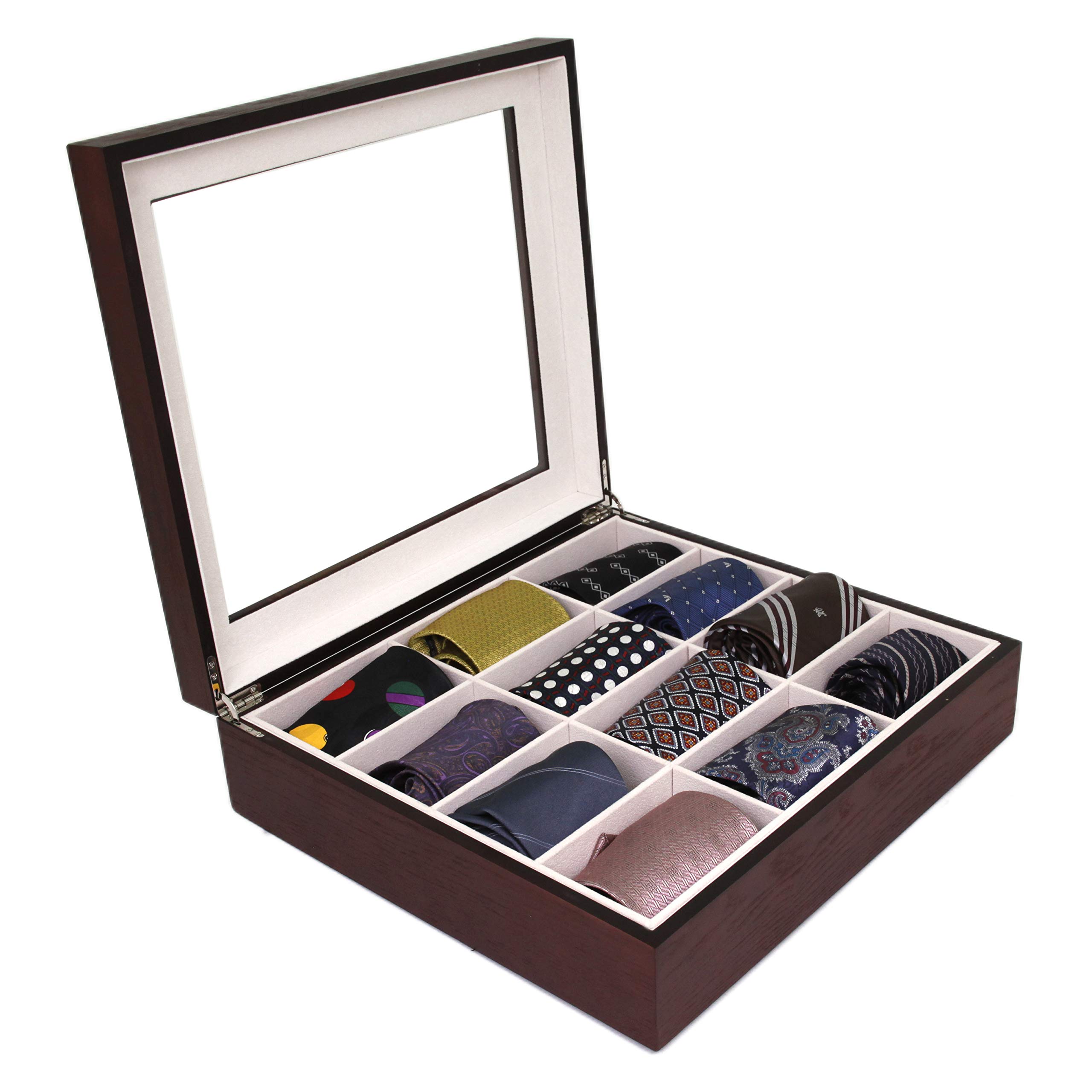Techswiss Tie Box Storage Case Organizer in Wood Glass Lid Valet (Bown