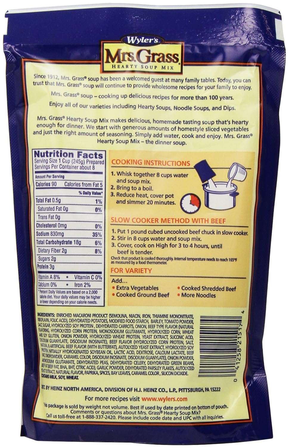 Mrs. Grass Hearty Soup Mix, Homestyle Beef Vegetable, 7.48 Ounce (Pack