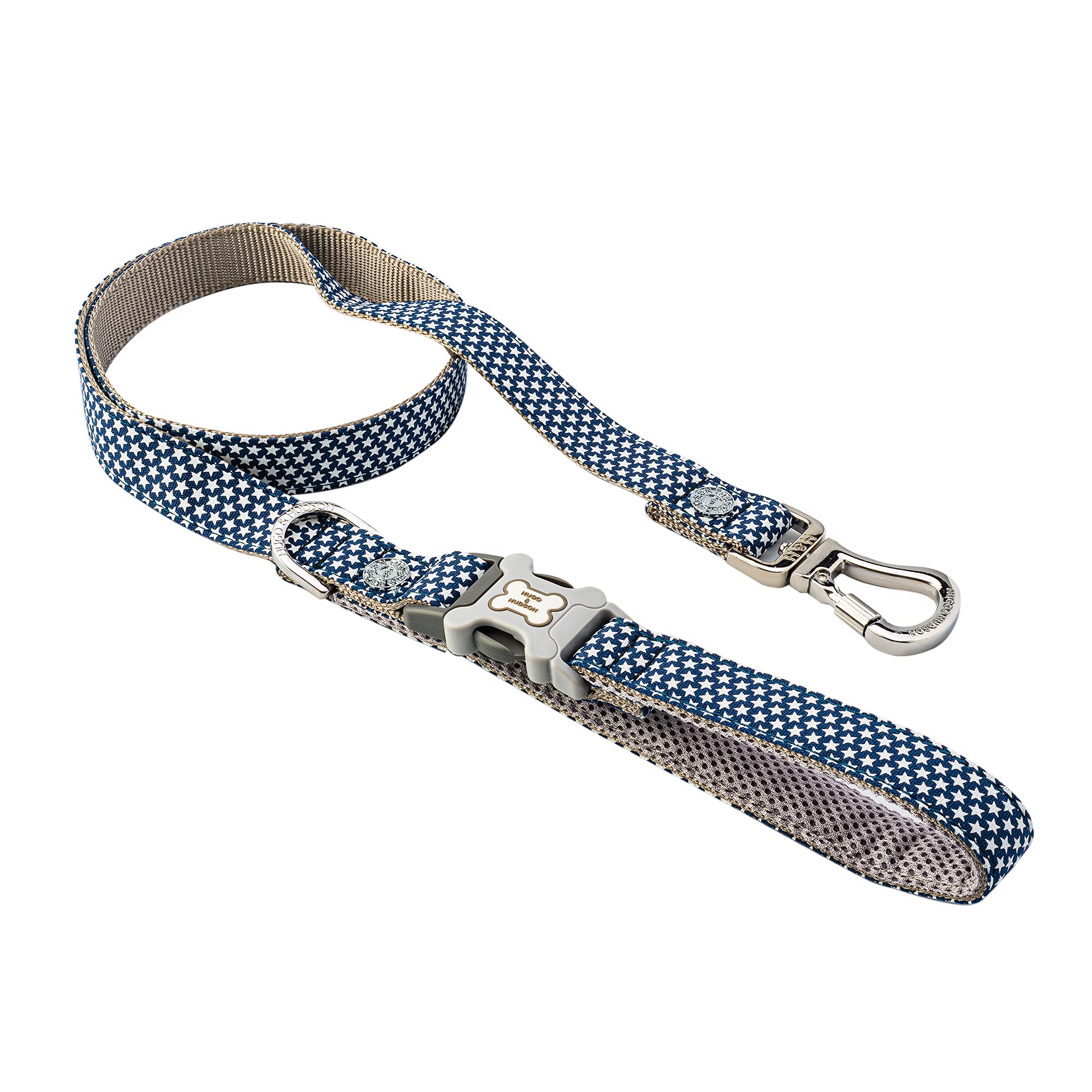 HUGO & HUDSON Dog Lead, 1.2m Nylon Leash with Quick Release Clip in Handle, Navy Star