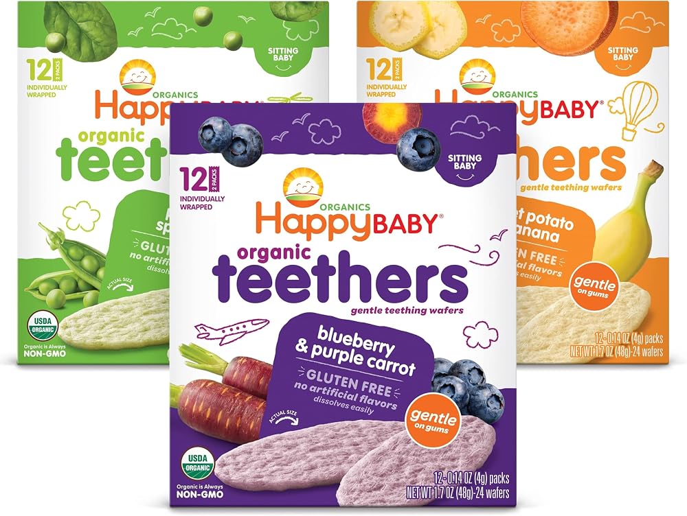 HAPPY BABY Gentle Teething Wafers, 3 Flavor Variety Pack, 12 ct (3 Pack) | USDA Organic Baby Snack, Easy-dissolving Wafers Ma