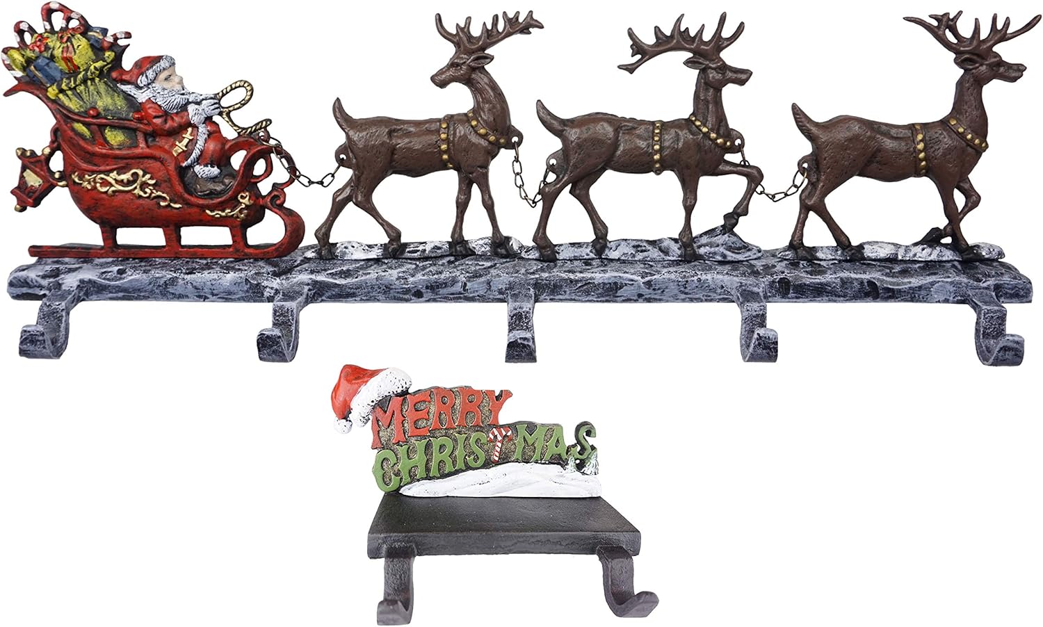 Lulu Decor 100 Cast Iron Decorative Christmas Stocking Holders Santa On Sleigh With Deer 5 Hooks Merry Christmas 2 Hooks Solid Great Appearance