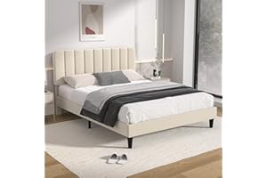 VECELO Queen Size Upholstered Bed Frame with Adjustable Headboard, Velvet Platform Bedframe Mattress Foundation, Strong Wood Slat Support, No Box Spring Needed, Beige