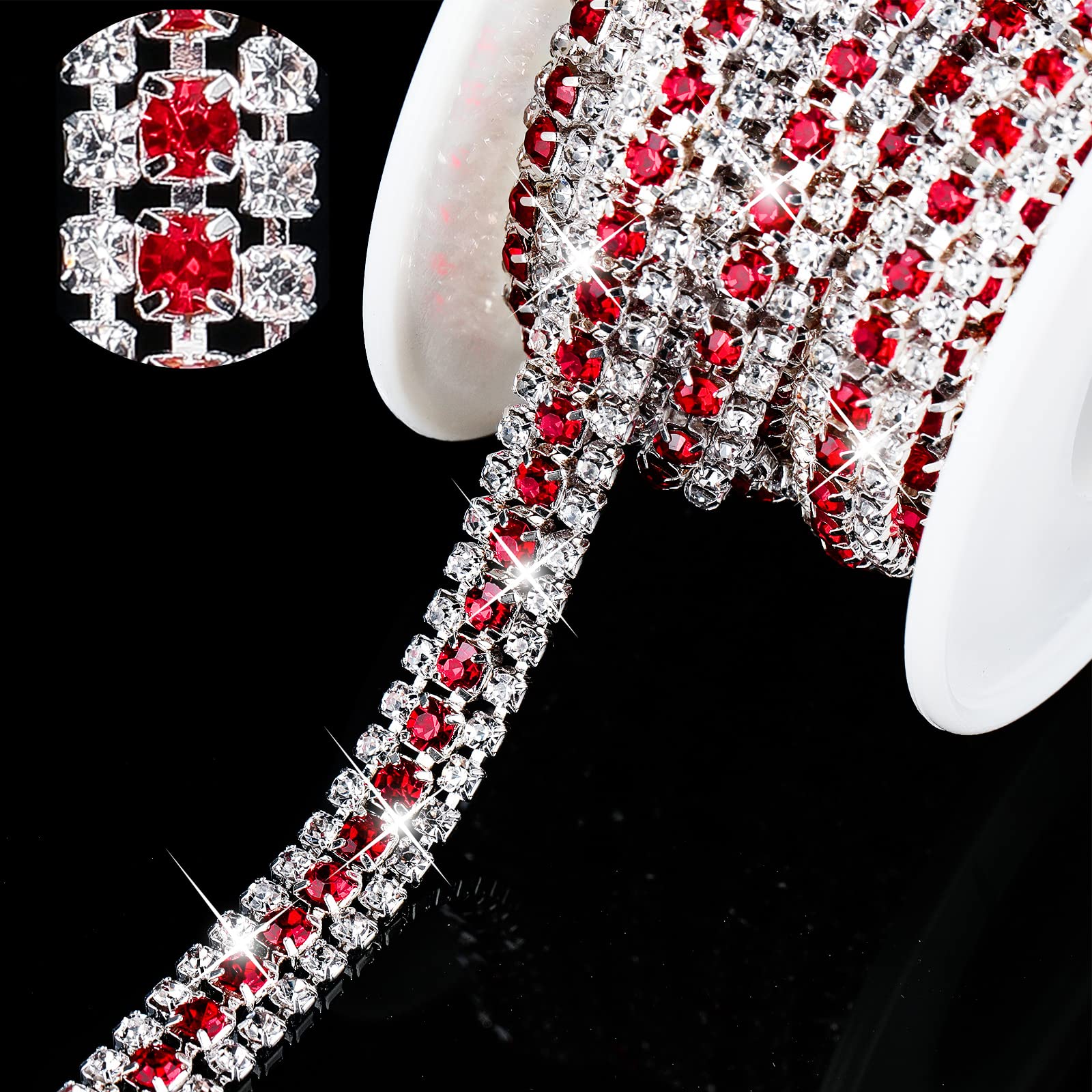 Red Diamond Rhinestone Junkin 3 Rows 6 Yards Crystal Rhinestone Trim Close Chain Bling Diamond ...