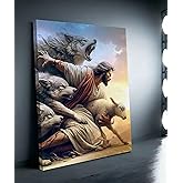 Jesus And Lamb Wall Art Jesus Saves The Lost Lamb Wolf Painting Picture Wall Decor The Shepherd'S Protection Poster Print Artwork t for Living Room Bedroom Church Home Decortion