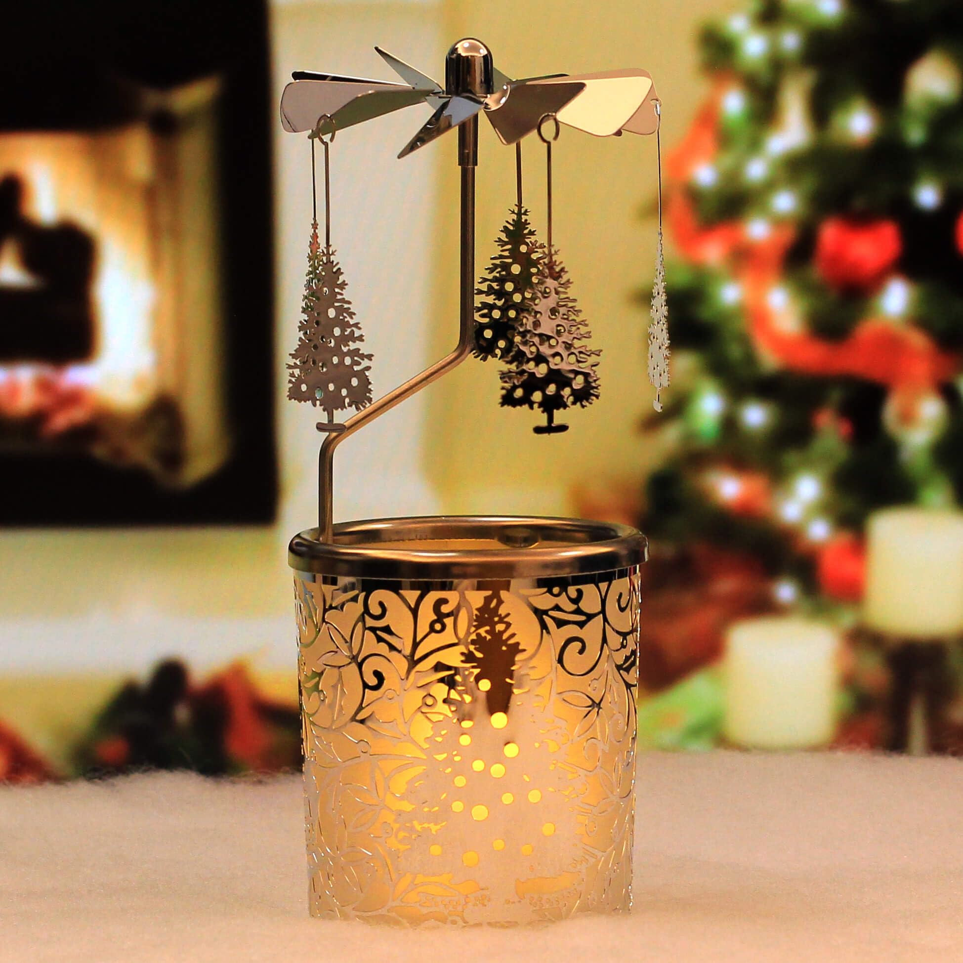Rotating Candle Holders Spinning Tealight Holder Carousel Silver Christmas Tree Candleholders with Sliver Plated Home Decoration for Spa, Gift for Mom Wife Birthday-6 ¼ Inch Tall (RT-E01)