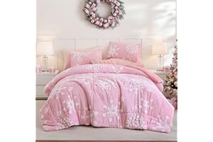 JANZAA Christmas Bedding Pink Comforter Queen Set Velvet Comforter Set with White Snowflake Stereoscopic 3 Pieces Queen Bedding Set Soft and Fluffy