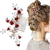 MBAIYO Red Flower Hair Comb, Gold Rose Crystal Bridal Hair Side Comb Vintage Floral Rhinestone Rose Side Comb Crystal Emerald Headpiece Wedding Sparkly Hair Accessory for Women