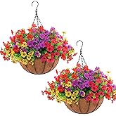 Hananona 2 Set Artificial Outdoor Flowers with Hanging Basket, 2 Hanging Planters with 24 Pcs Flowers for Spring Summer Front Porch Garden Patio Home Decor (2, Red, Purple, Yellow, Rose Red)