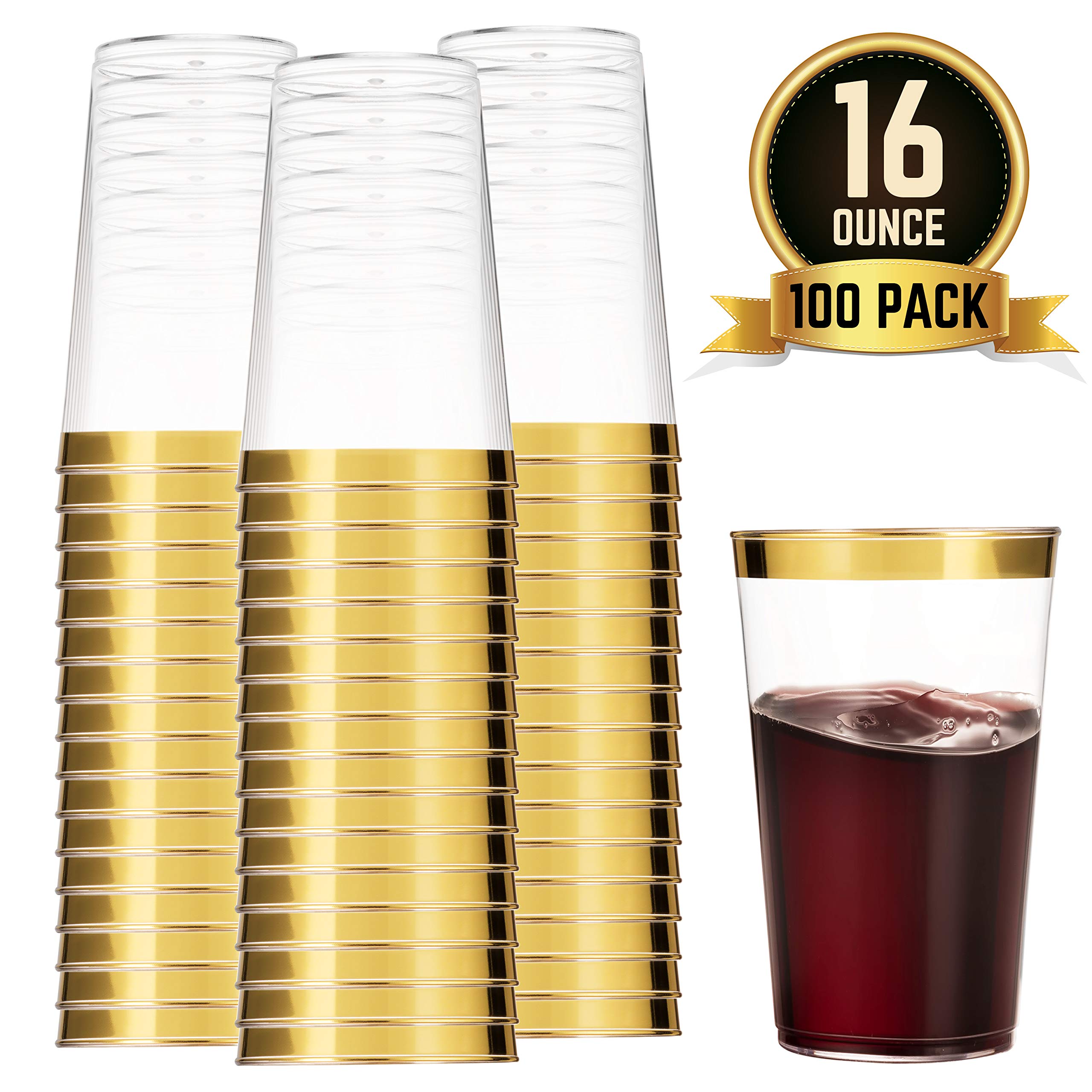 100 Gold Plastic Cups 16 Oz Clear Plastic Cups Tumblers Gold Rimmed Cups Fancy Disposable Wedding Cups Elegant Party Cups with Gold Rim