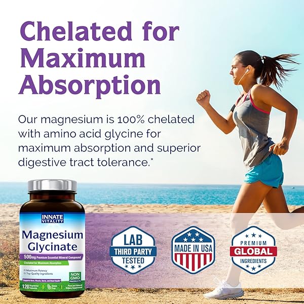 INNATE VITALITY MAGNESIUM GLYCINATE 500MG | 70MG ELEMENTAL MAGNESIUM SUPPLEMENT- HIGH ABSORPTION, NON BUFFERED, NON-GMO & NO GLUTEN – NERVE, MUSCLE, BONE HEALTH – 120 VEGAN CAPSULES MAGNESIO