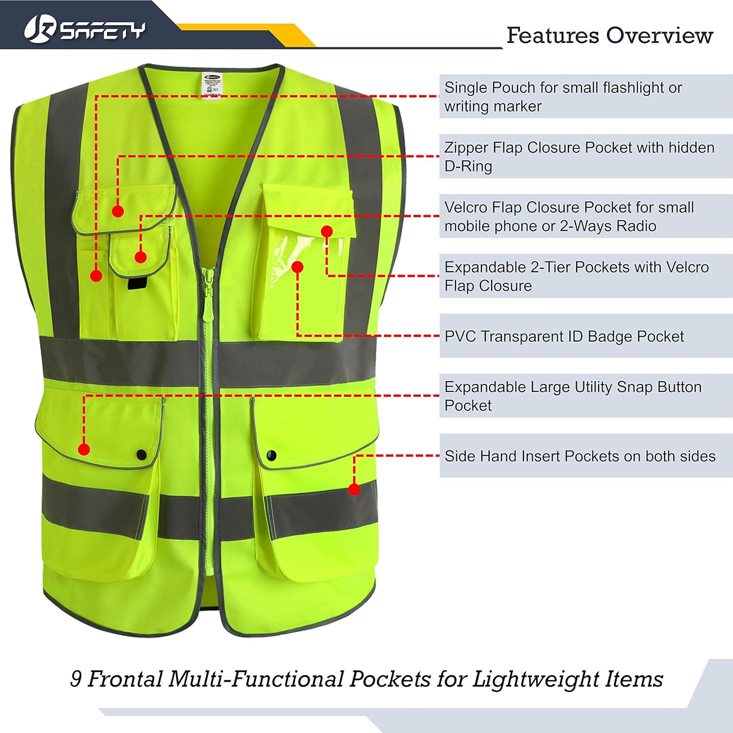 JKSafety 9 Pockets Class 2 High Visibility Zipper Front Safety Vest With Reflective Strips, Yellow Meets ANSI/ISEA Standards (Large) - - 