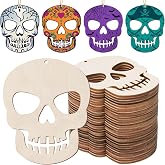 AWIZOM 48 Pcs Halloween Skull Wooden Cutouts Unfinished Hanging Ornaments | 3.94x3.23 Inch Blank Wood Halloween Slices with 32.8 Ft Twine for DIY Crafts Tags Painting Gothic Spooky Birthday Decorations