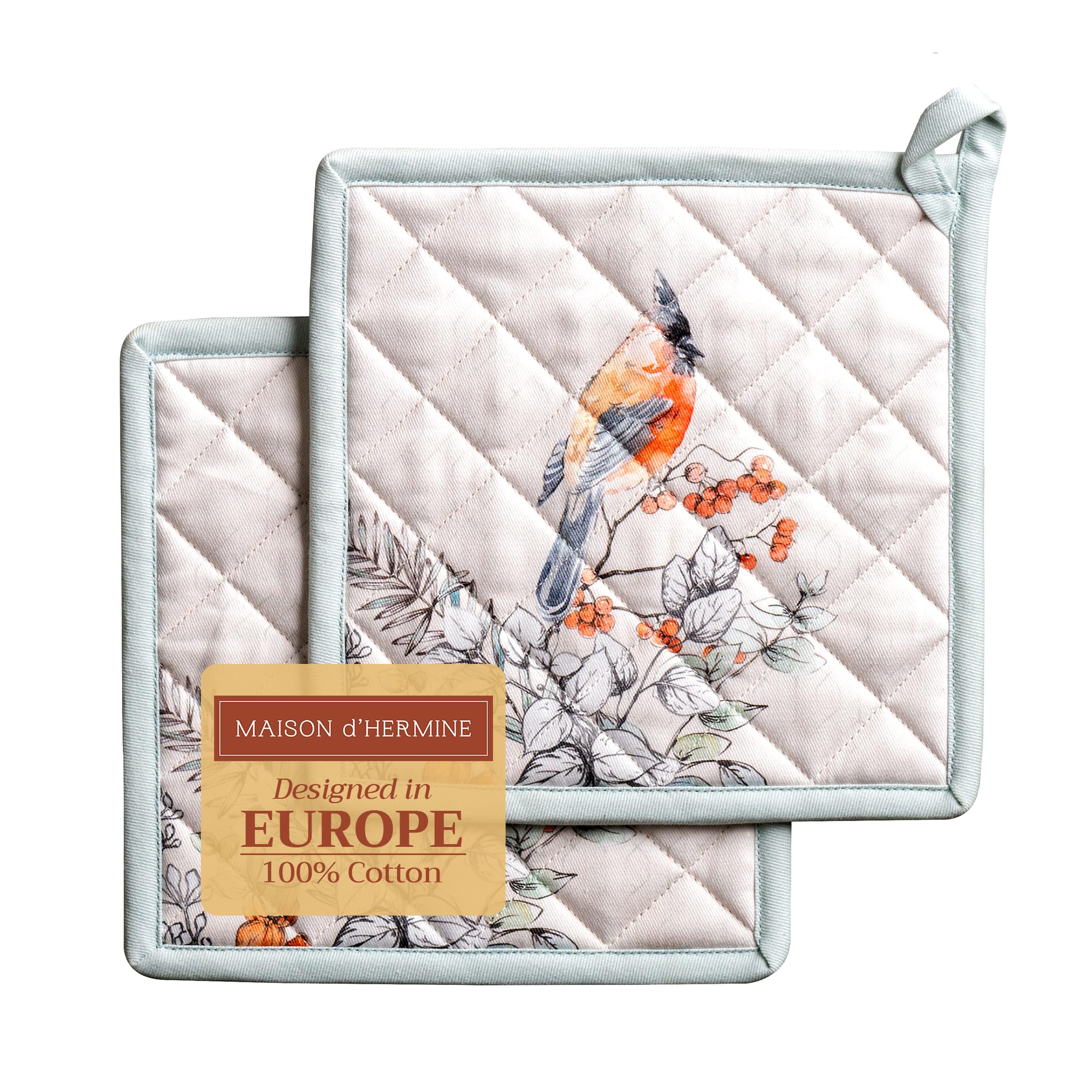 Maison d' Hermine Pot Holders Set 100% Cotton Heat Resistant Potholders 20 cm x 20 cm Hot Pads with Loop for Christmas Decorations BBQ Cooking Handling Hot Pans (Pack of 2, Whitish Shabby Chique)