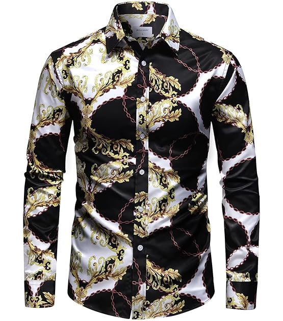 Mens Black Gold Buchona Chain Dress Shirts Luxury Baroque Print Long Sleeve Button Up Silky Shirt