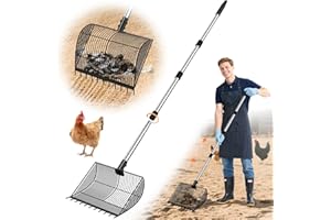 SWEETYEAR Large Chicken Poop Scooper & Rake 2-in-1, Adjustable 26-69" Stainless Steel Handle, Litter Scooper & Sand Sifting Shovel for Chicken Coop with 2-Shape Sifting Holes (Black)