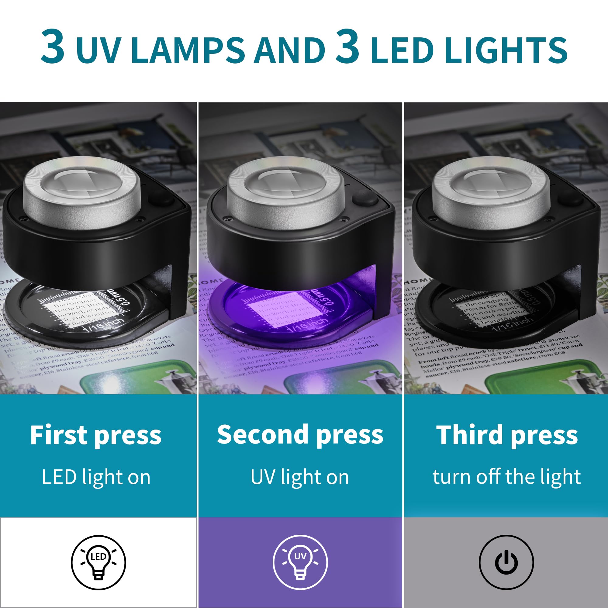 JARLINK 2 Pack 30X 60X Jewelers Loupe, Foldable Jewelry Magnifier with Bright LED Light, Rechargeable Loupe Magnifier with 3 LED and 3 UV Light for Gems, Jewelry, Coins, Stamps (Black)