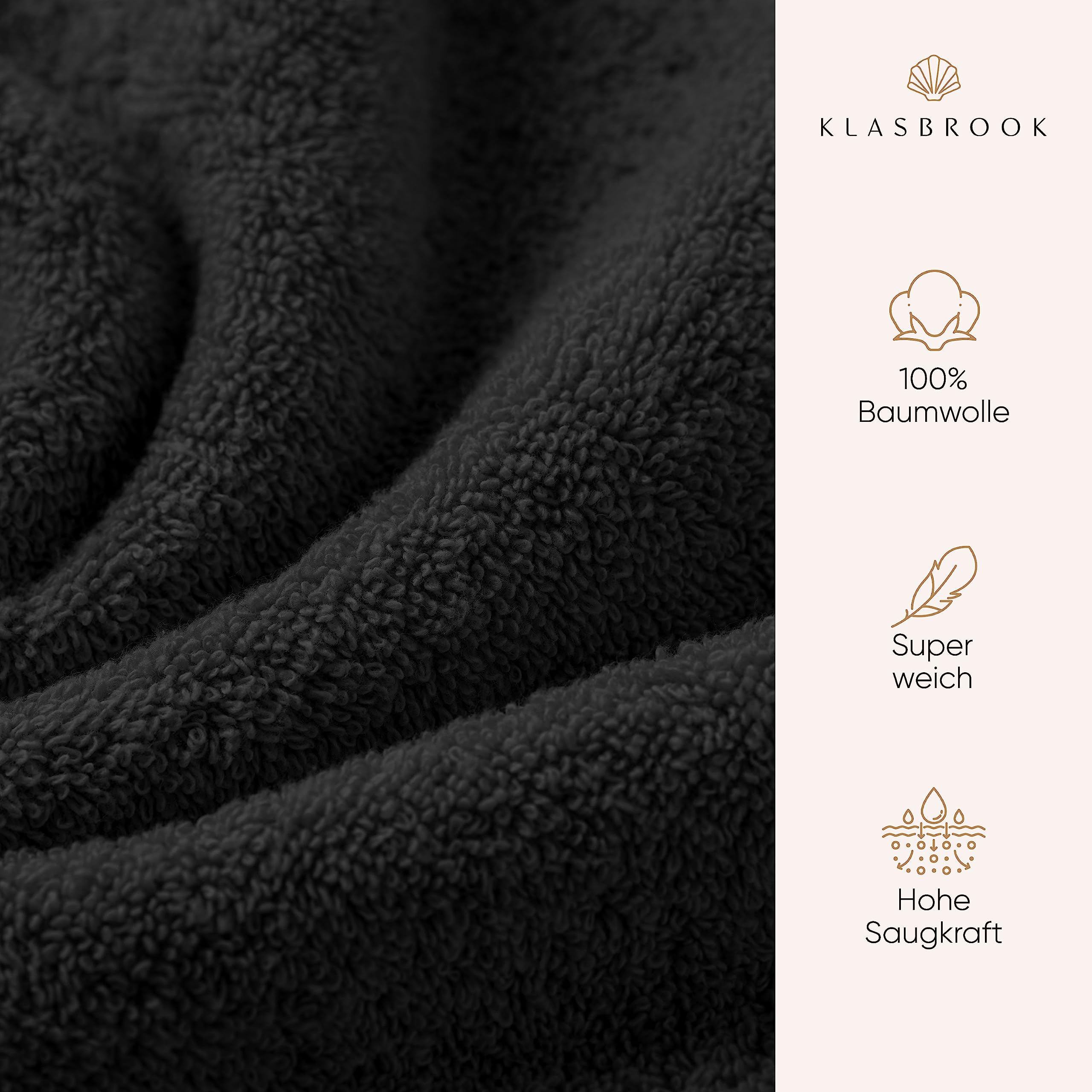 KLASBROOK® Linnea 6 teiliges Luxus Handtücher Set Schwarz, extra flauschig und saugfähig aus 100% Baumwolle Oeko-TEX 100 Zertifiziert mit Aufhänger, 4 Handtücher 50x100 + 2 Badetücher 70x140 3