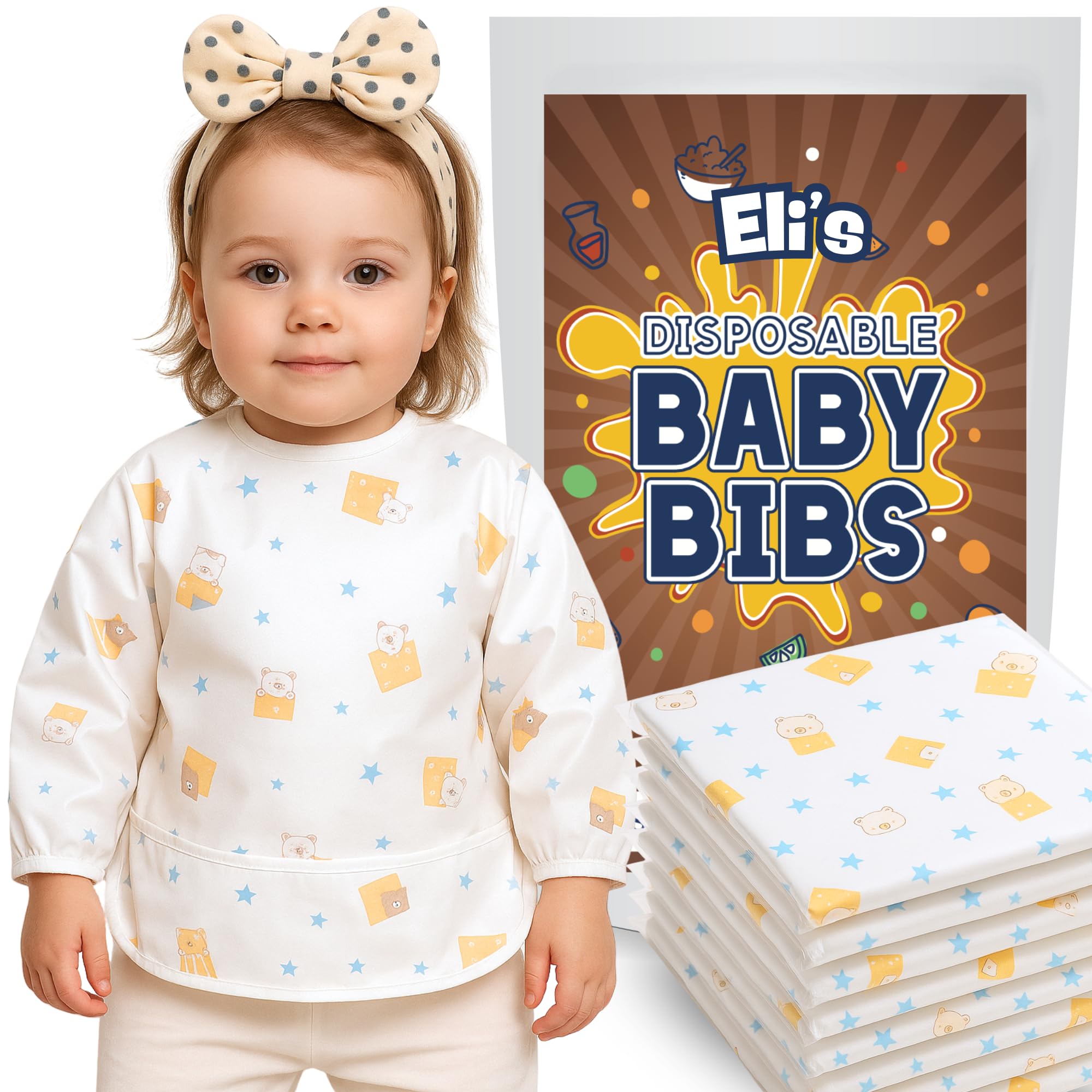 Photo 1 of Eli with Love Disposable Bibs Individually Wrapped, Long Sleeve Bib with Crumb Catcher - Waterproof Baby Bibs For Toddlers 1-3 (10 pack) (Happy Bear)