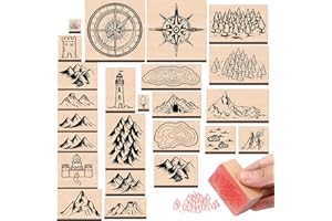 Marspark 24 Pcs Compass Mountains Stamp Combo Map Making Rubber Stamp Kit Compass Outdoor Scenery Stamps for RPG Adventures, Storytelling, and Creative Projects
