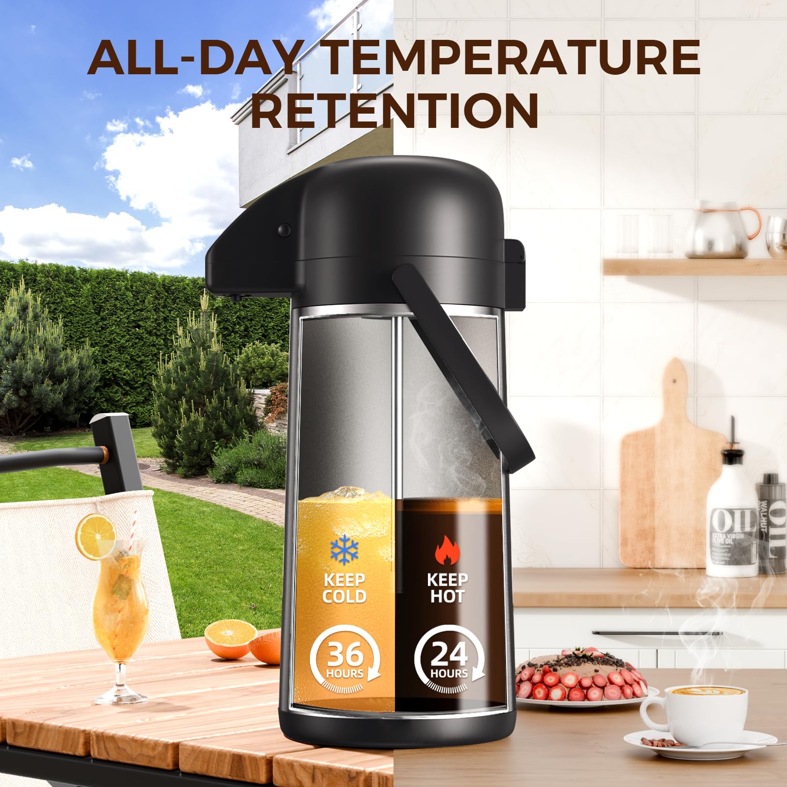 Coffee Carafe for Keeping Hot - Gezoss 102OZ / 3L Airpot Coffee Dispenser with Pump - Large Coffee Thermos for Hot Drinks Tea Liquid - Insulated Stainless Steel Hot Water Beverage Urn for Parties