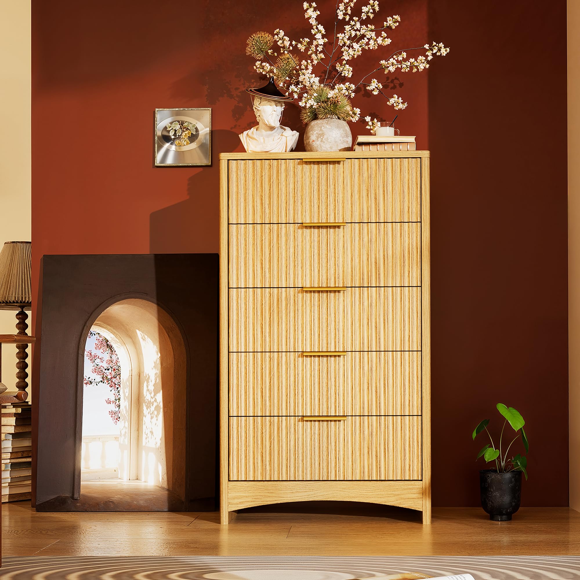 Photo 1 of Marsail Fluted 5-Drawer Tall Wooden Dresser, Smooth Gliding Drawers & Large Capacity Storage Space, Modern Organizer Cabinet for Bedroom or Hallway, Natural Oak