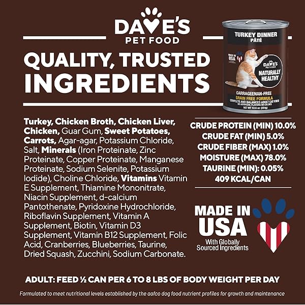 DAVE’S PET FOOD GRAIN FREE WET CANNED CAT FOOD (TURKEY), MADE IN USA NATURALLY HEALTHY, ADDED VITAMINS & MINERALS, GLUTEN-FREE, 12.5 OZ CANS