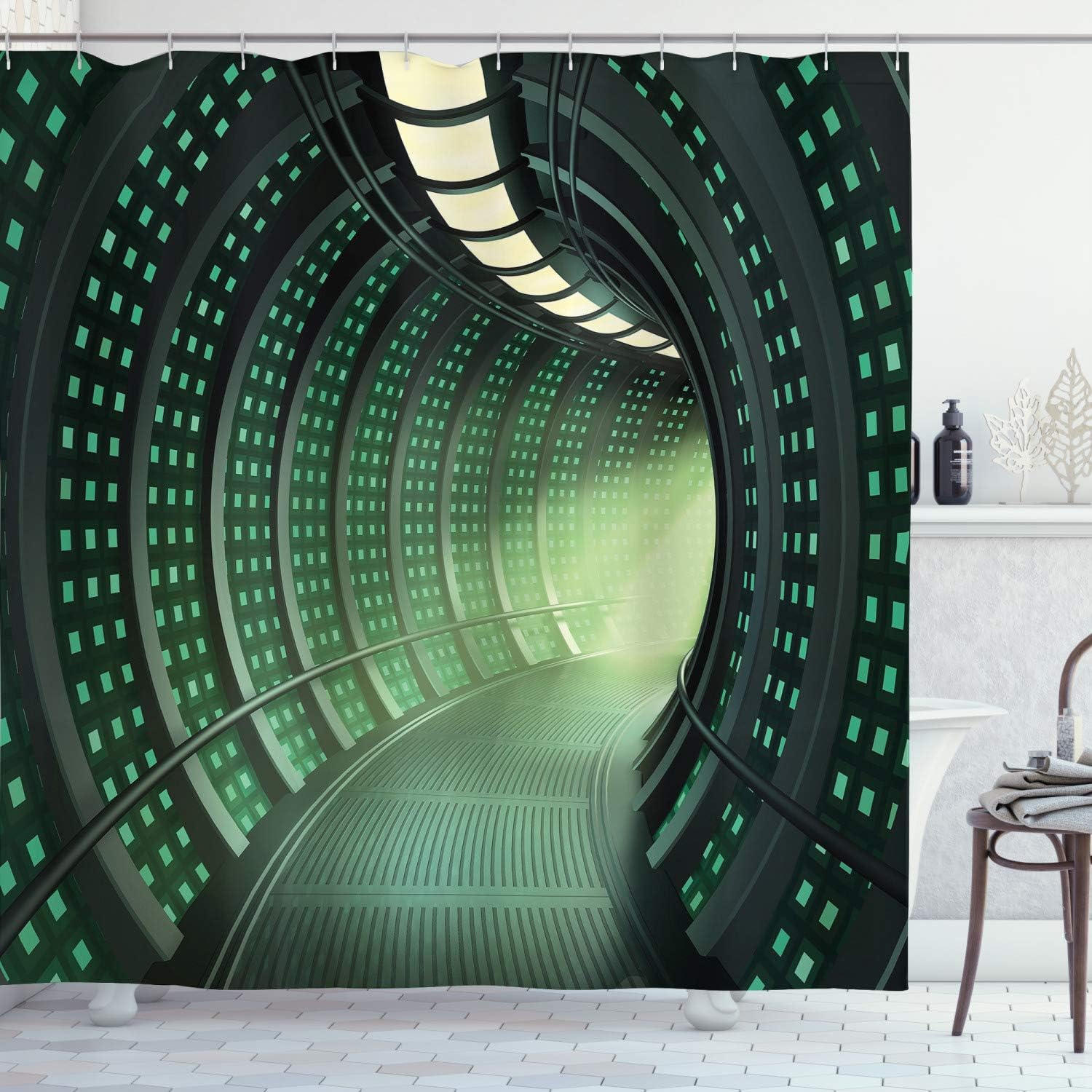 Amazon Com Ambesonne Outer Space Decor Shower Curtain By Hallway Of Spaceship With Futuristic Elements And Round Ceiling Design Fabric Bathroom Decor Set With Hooks 84 Long Extra Silver Green Home Kitchen