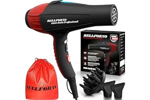 BELLFORNO Professional Ionic Salon Hair Dryer, 2200 Watt Powerful AC Motor Ceramic Tourmaline Ion Blow Dryer, Quiet Hair Dryers with Diffuser & 2 Concentrator Nozzle Attachments Black/Red