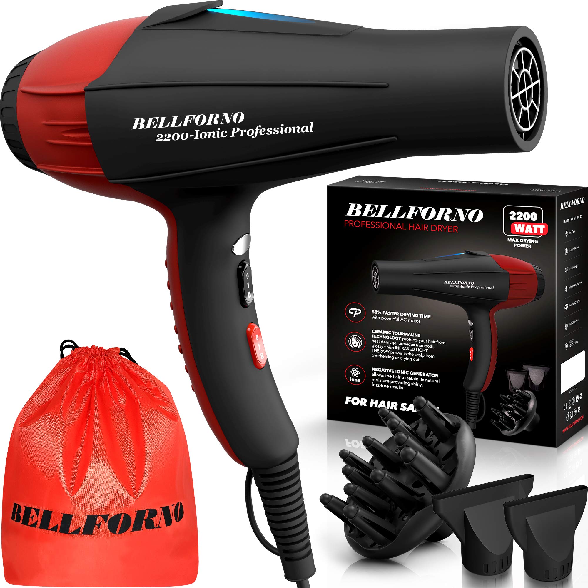 Photo 1 of Professional Ionic Salon Hair Dryer, 2200 Watt Powerful AC Motor Ceramic Tourmaline Ion Blow Dryer, Quiet Hair Dryers with Diffuser & 2 Concentrator Nozzle Attachments Black/Red