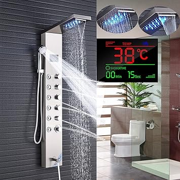 Rozin Bad Gebürstetes Nickel Dusche Wasserhahn Dusche Regen und Wasserfall Kopf LED Bildschirm Massage Niedrige Wanne Auslauf