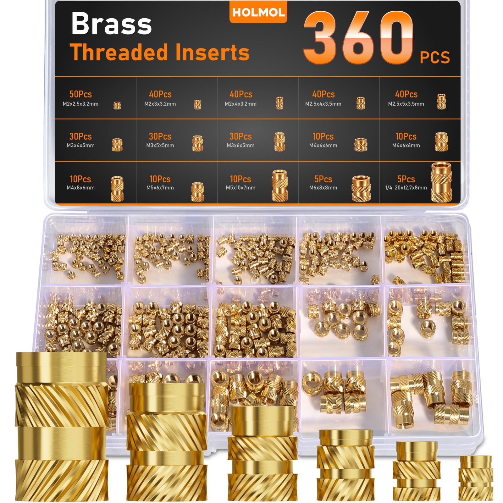HOLMOL Threaded Inserts for Plastic 360PCS, Heat Insert Assortment Set, Brass Metric Knurled Nuts M2 M2.5 M3 M4 M5 M6mm for 3D Printer Parts