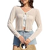 QIANSIQIANBO Women's Shrug Cardigan Sweaters Tie Front Cropped Cardigan Striped Knit Long Sleeve Open Front Crop Tops