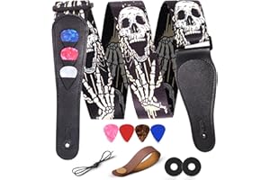 AARVI Guitar Strap Set for Bass/Electric/Acoustic Guitars - 41"-67" Cotton with Leather Ends, 2 Strap Locks + 4 Picks Include